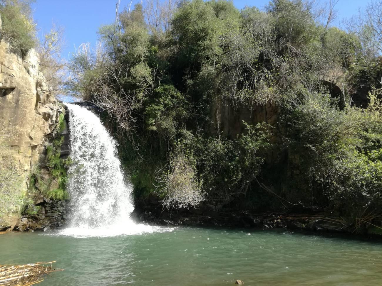 La Cascata del Pellico: il torrente Timone precipita da una parete di tufo in un laghetto verde, tra la vegetazione della forra